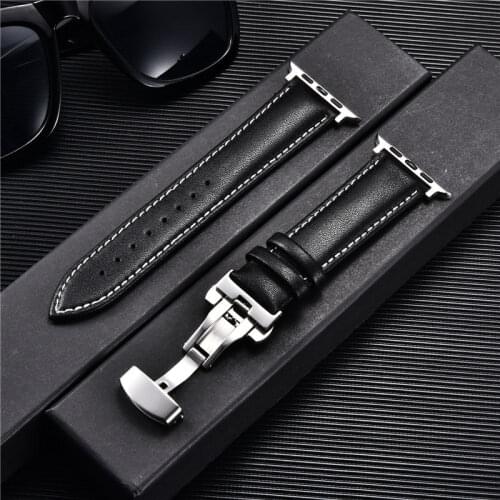 Calfskin Leather Straps for Apple Watch 6 5 4 3 SE Stainless Steel Butterfly Buckle Watchbands 38mm 42mm 40mm 44mm Bracelet