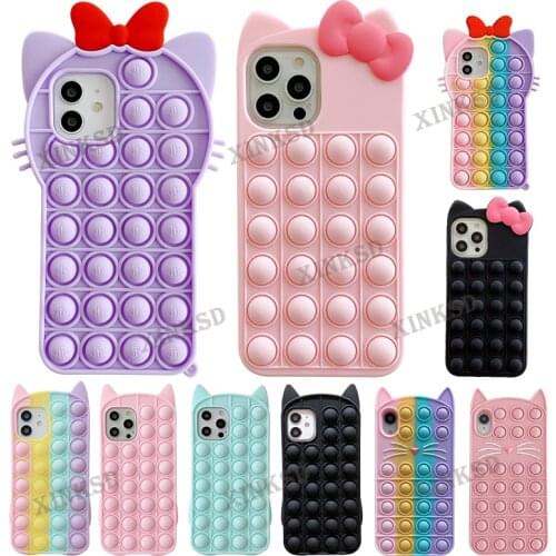 Cartoon Beard Cat 3D Bow Fidget Toys Phone Case for Iphone 11 12 Pro Max X XR XS SE2020 6 7 8 Plus Silicone Reliver Stress Cover