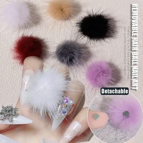 3PC Lovely 3D Plush Ball Nail Jewelry DIY Winter Nail Art Decorations with Detachable Magnetv