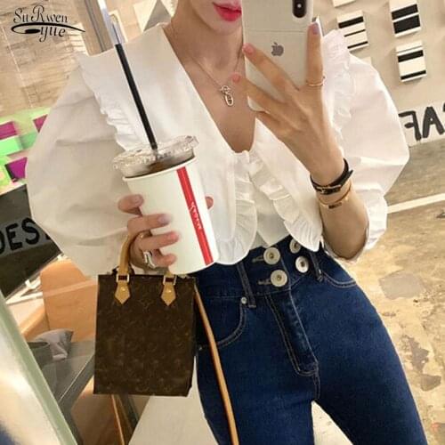 Sweet Peter Pan Collar Ruffled White Shirt Puff Short Sleeve New Fashion Tops Korean Women Loose Blouses and Shirts Blusas 14253