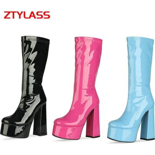 2021 Autumn Winter Women Boots Square High Heel Platform Women Shoes Fashion Zipper Patent Leather Round Toe Knee High Boots