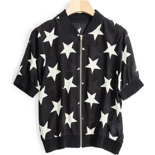 100%silk spliced women fashion stars printed zipper cardigan outwears coat short tops thin jackets black M/L