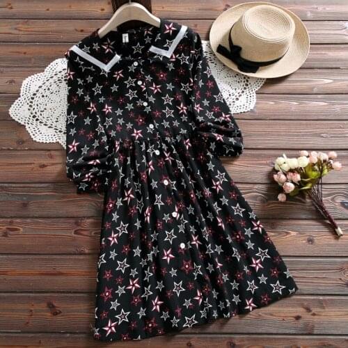 Spring autumn women long sleeve star print dress new fashion peter pan collar mori girl vintage dress