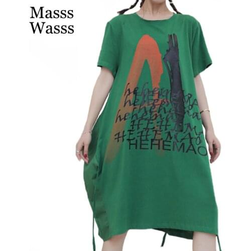 Masss Wasss British Fashion Style 2021 Ladies Green Short Sleeve Dress Womens Letter Printed Dresses Girls Oversized Vestidos