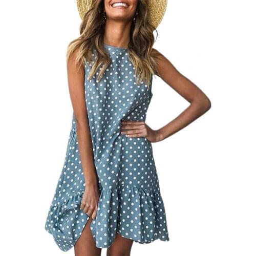 Summer Dress 2021 Women Loose Dress Leisure Polka Dot Printing Round Neck Sleeveless Dress Daily Wear Blue xxxl vestidos