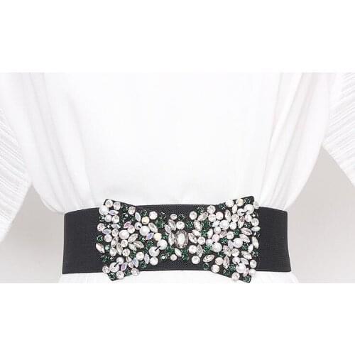 Womens runway fashion rhinestone bow beaded elastic Cummerbunds female Dress Corsets Waistband Belts decoration wide belt R2928