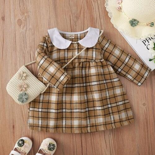 Winter 2021 Girls Dress Girls Cute Long Sleeve Peter Pan Collar Khaki Plaid Dress Cute Dress Vestidos 0-24M