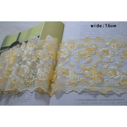 Free shiping 16cm width-2meters/lot golden yellow and whtie flower Embroidery lace lace trim for garments and wedding decoration