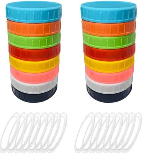 16 Pack Jar Lids Leak Proof Seal Silicone O Ring Plastic Screw Lid Universal Storage Cap Cover For Wide Mouth Mug Cannings