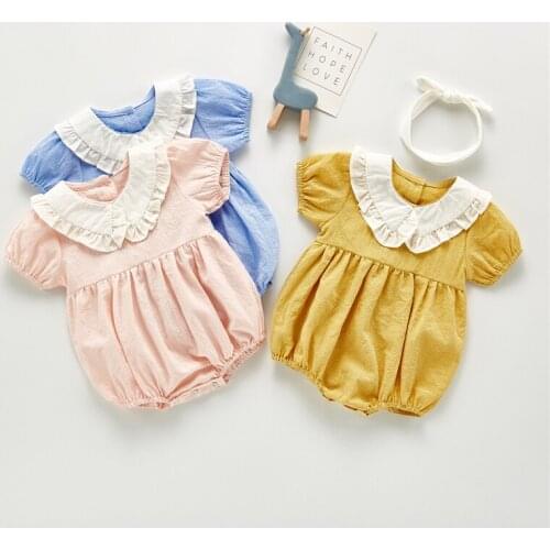 Summer lovely baby girls romper doll collar plaid short sleeve skirt cute princess clothes + hair band set 2pcs
