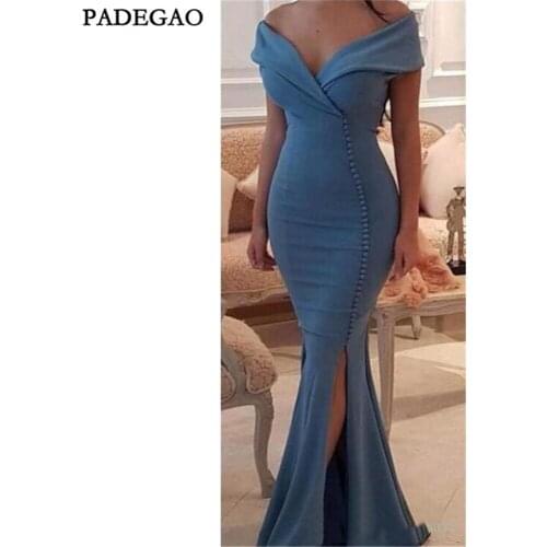 2019 Long Evening Dresses Mermaid Off Shoulder Party Dress Sexy V Neck Side Split Button Plus Size Evening Dress