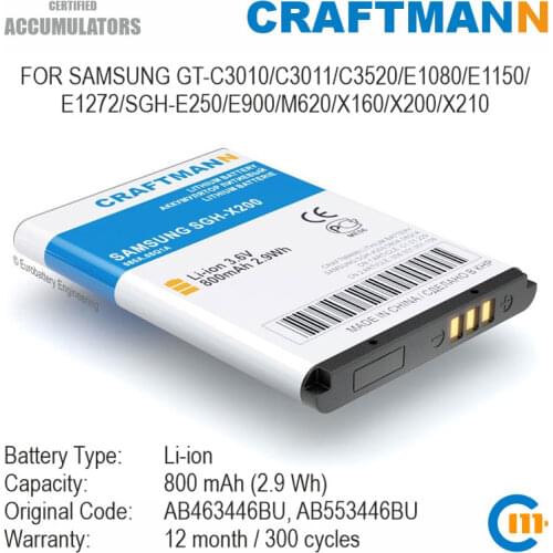 Battery for Samsung GT-C3010/C3011/C3520/E1080/E1150/E1272/SGH-E250/E900/M620/X160/X200/X210 (AB463446BU/AB553446BU/AB043446BE)