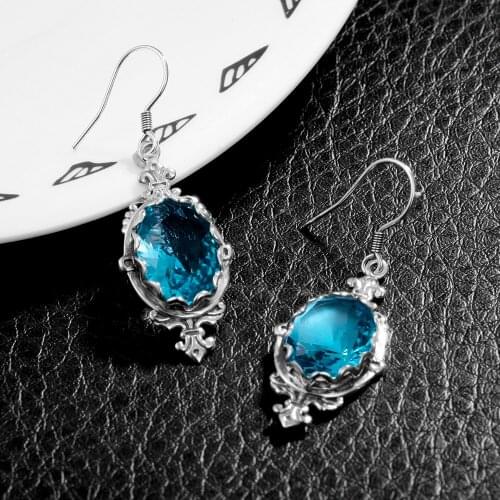 Aquamarine Drop Earrings Woman Byzantine Style Jewelry Real 925 Silver Dangle Earring Church Flower Carved Medieval Jewelry 2020