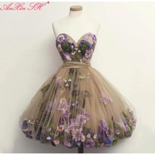 AnXin SH princess purple daisies strapless champagne lace ball gown evening dress vintage red rose green leaf little white dress