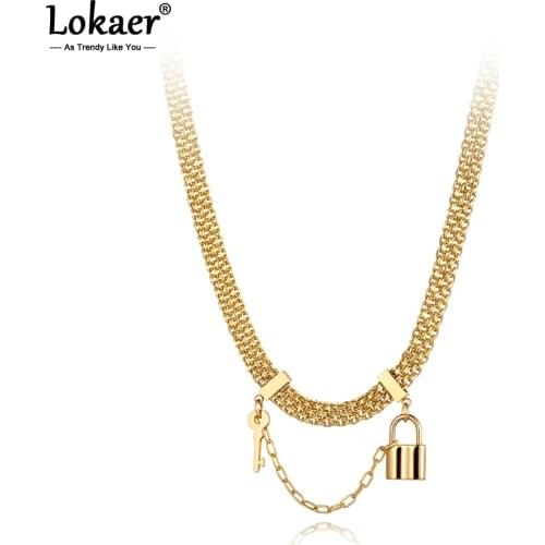 Lokaer Bohemia Style Titanium Stainless Steel Key And Lock Charm Choker Necklace For Women Trendy Hand Net Chain Necklace N21022