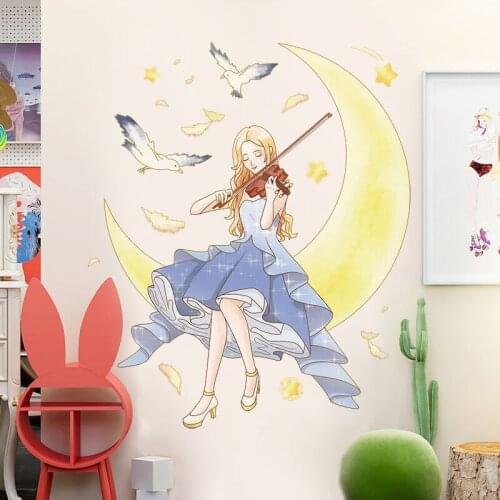 Girl Wall Stickers Girl Playing Violin on The Moon Wall Decals for Kids Room Living Room Bedroom Decor Cartoon Art Diy Gift