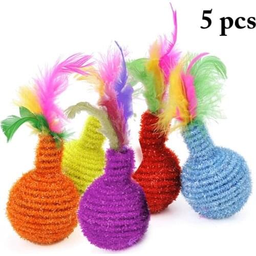 Dorakitten 5Pcs/Set Cat Ball Toys Fake Feather Elastic Rope Kitten Ball Toy Cat Interactive Toy Pet Supplies Random Color