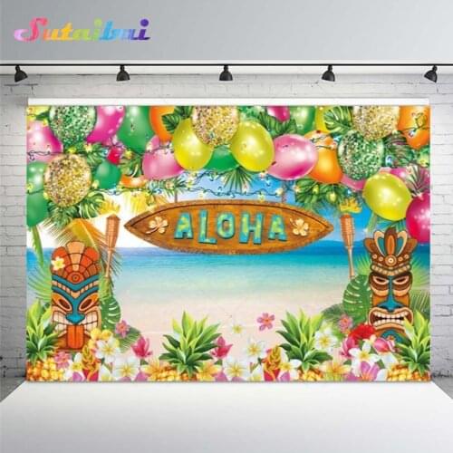 ALOHA Backdrop Wooden Mask Balloon Flowers Leaves Tropical Jungle Hawaii Beach Sea Coconut Tree Custom Photo Background Booth