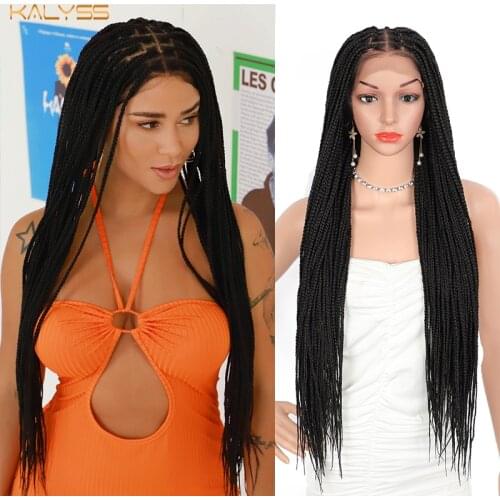 Kalyss 30 Inches Knotless Box Braids Synthetic Black 13*6 Lace Front No-Knot Large Lace Feed-in Braids Wig For Black Wowen