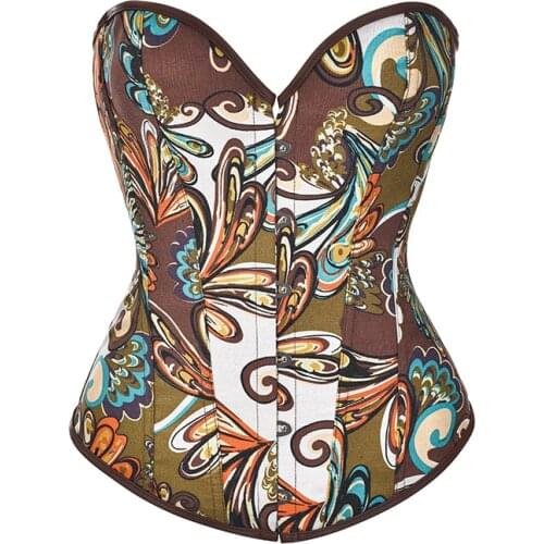 Brown Printed Denim Corselet Overbust Vintage Corset Mujer Sexy Gothic Clothing Steampunk Bustier Top Fashion Corsets For Women
