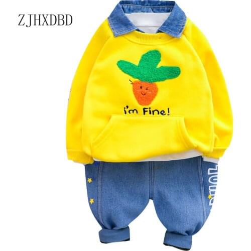 Winter Carrot Turn-down Collar Denim Baby Plus Velvet Rabbit Jeans Girls Boys 2 Pieces Clothes Suit Children Clothing Kid Fleece