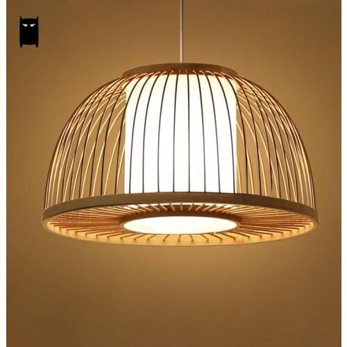 Round Bamboo Wicker Rattan Shade Cover Pendant Light Cord Fixture Nordic Asian Japanese Tatami Lamp Design Dining Table Room