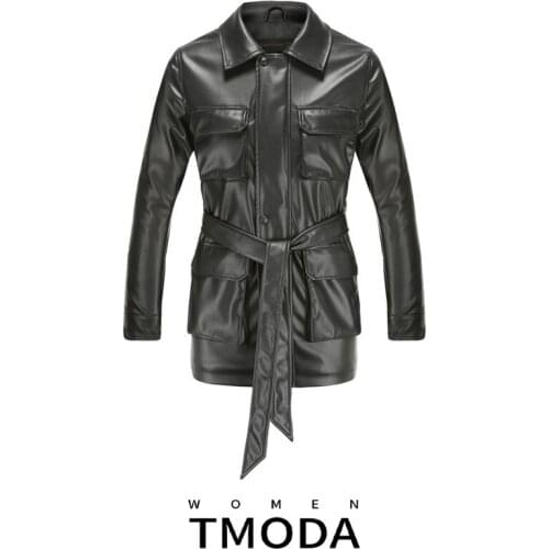 TMODA1062 Za 2021 PU Coats Women Faux Leather Jackets Vintage Motor Biker Jackets Elegant Tie Belt Waist Pockets Buttons Coats