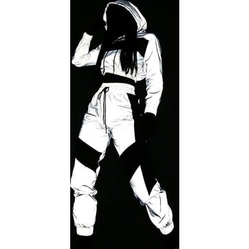 Fashion Female Loose Jacket Coat Matching Sets Plus Size Hip Hop Reflective 2 Piece Set Women Tracksuit Hoodies Crop Top Pants