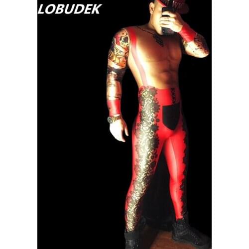 Men Printed Elastic Leotard Red Personality Pattern Skinny Jumpsuit Male Club Bar Pole Dance DJ DS Acrobatic Performance Costume