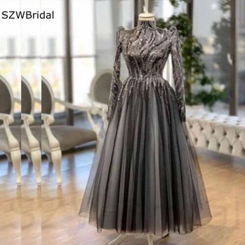 New Arrival Black sliver Beading Long sleeve evening dresses Abendkleider 2021 dubai caftan Evening gowns Vestidos de fiesta