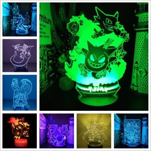 Pokemon Pikachu Night Light LED 3D Lampara Eevee Gengar Mewtwo Charizard Marowak Slowbro Pocket Monster Lamp Neon Decor Lights