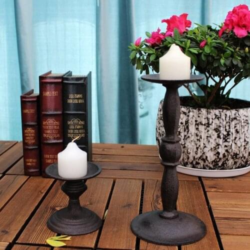 European Vintage Home Tabletop Decor Cast Iron Pillar Candle Holder Pair