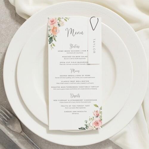 Blush Floral Breakfast Dinner Menu card with place card Guest name tag