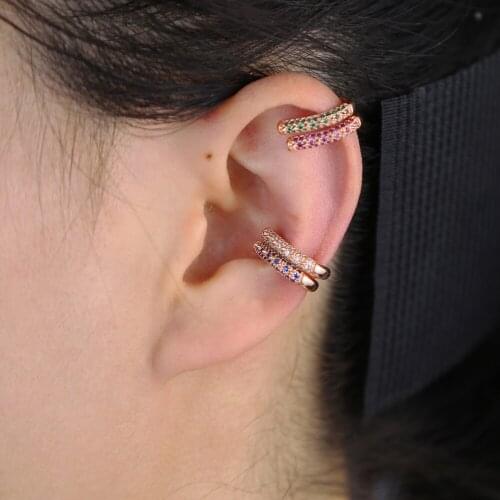 2021 Delicate White Red Green Blue Colorful Rainbow CZ Ear Cuff Earring No Piercing Crystal Ear Clip Girl Fashion Charm Jewelry