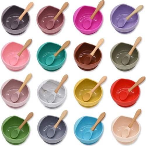 Silicone Baby Feeding Bowl Wood Spoon Set Baby Dinner Plate Suction Bowl Non-Slip Baby Eating Set Tableware Dinnerware BPA FREE