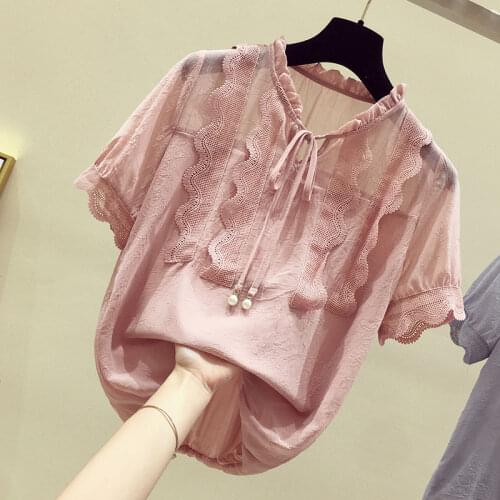2020 New Summer Rufflle Chiffon Shirt Women Blouses Korean Style Elegant Sweet Short Sleeve Top Female Plus Size 5xl Blusas N44