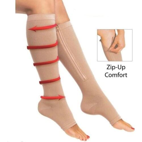 Women Zipper Compression Socks Anti-Fatigue Miracle Copper Unisex Zip Leg Support Knee Sox Open Toe Cycling Sport Sock BC0119