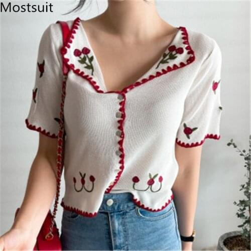 Summer Floral Embroidered Knitted Cardigan Women Short Sleeve Single Breasted Tops Sweater Korean Elegant Vintage Jumpers 2021