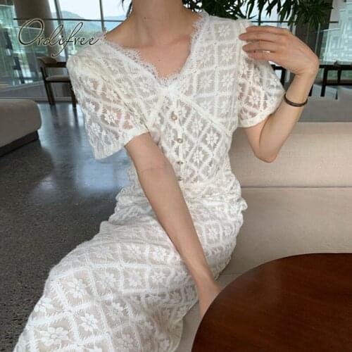 Ordifree 2021 Summer Women White Lace Party Dress Short Sleeve Elegant Lady Vocation Long Beach Dress