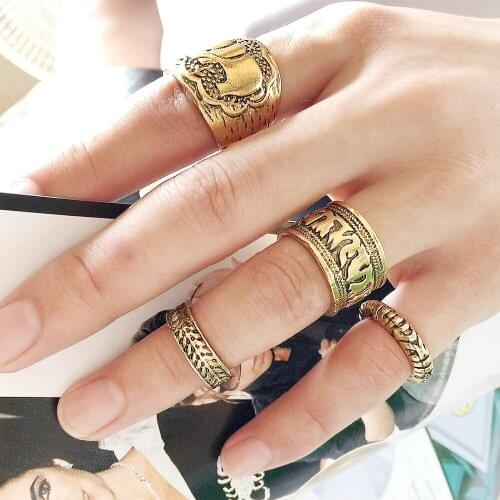 4pcs Vintage Anti Gold Silver Rings Set Elephant Totem Leaf Lucky Midi Knuckle Ring For Women Girls Bohemian Mid Finger Jewelry