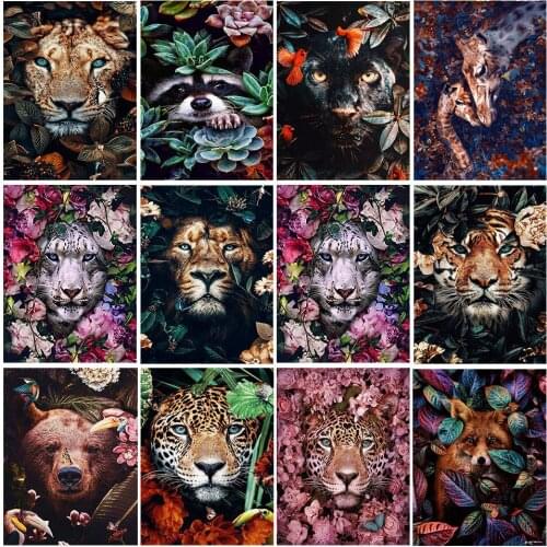 5D DIY Diamond Painting Tiger Lion Face& Flowers Cross Stitch Kit Full Drill Embroidery Mosaic Art Picture of Rhinestones Decor