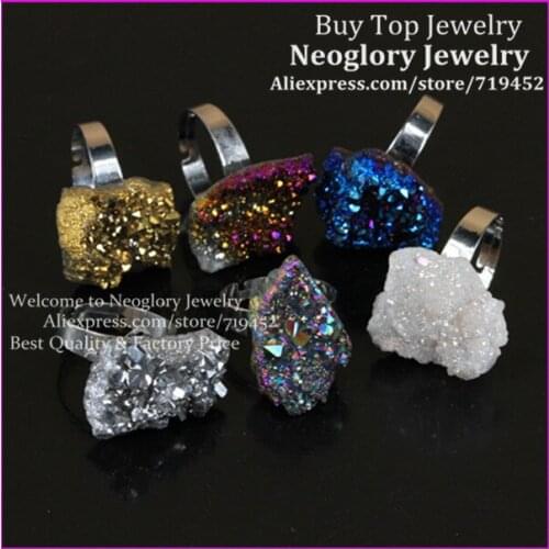 6pcs Mixed Rainbow Titanium druzy Ring Silver Bezel Ring Unique Semi Precious Crystal Quartz Druzy Ring Gems Drusy Glass Ring