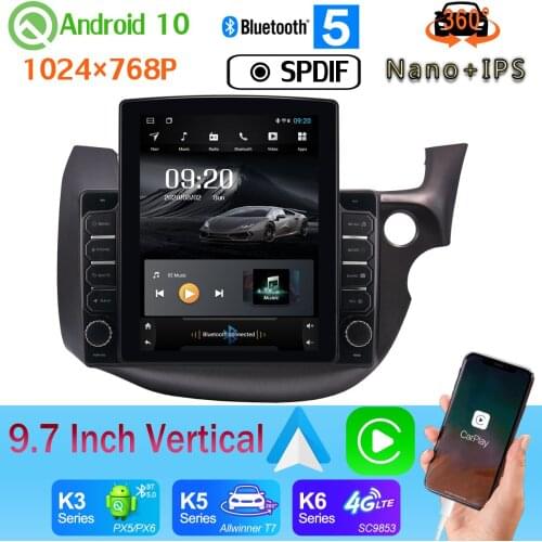 9.7" Tesla Style PX6 4+64G GPS Android 10 Radio For Honda Fit Jazz 2008-2013 LHD RHD 360 Camera Car Media Android auto Head Unit