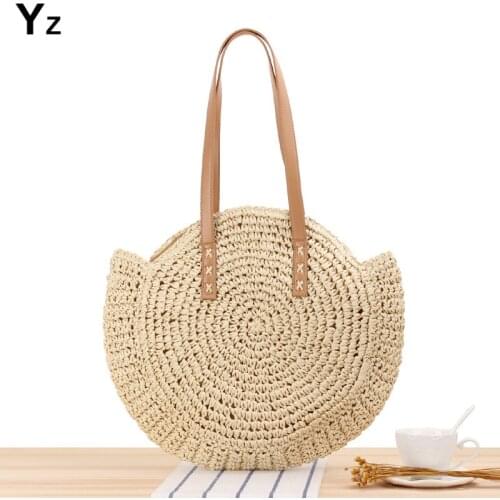 Aaby 2021 Summer Round Straw Bags for Women Rattan Shoulder Bag Handmade Woven Beach Handbags Female Message Handbag Totes Bag