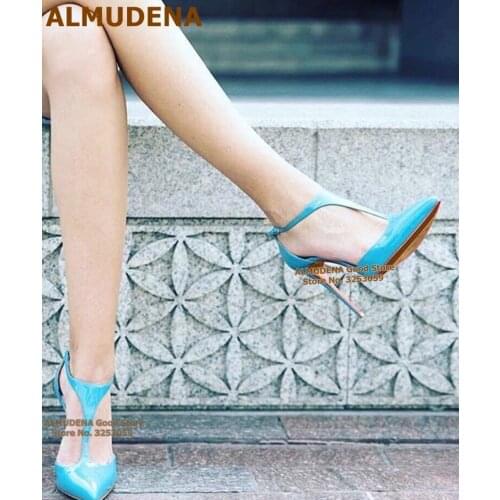 ALMUDENA Turquoise Patent Leather T-strap High Heels Pointed Toe Stiletto Heels Dress Shoes Women T-bar Wedding Shoes Dropship