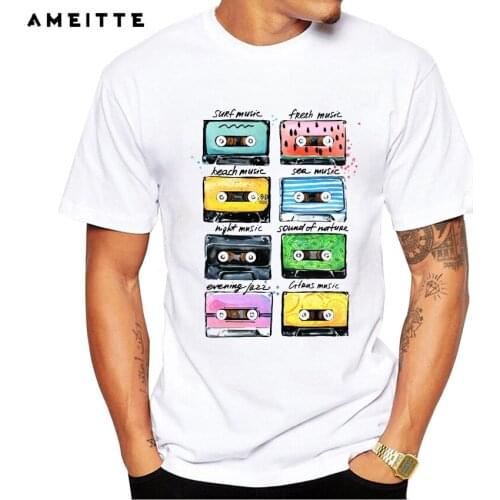 AMEITTE 2019 Retro Watercolor Cassettes T-Shirt Mens Custom Audio cassette Print T Shirt Summer Music Geek Style Tops Tee
