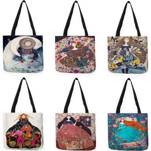 B13056 Healing Inbetweening Series Women Handbag Creative Girls Painting Printed Shopping Bags Large Totes