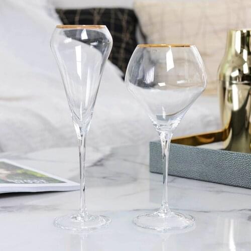 Gold Rim Bloom Champagne Flute Goblet Cocktail Glasses Elegantly Designed Hand Blown Lead Free Wedding Family Wine Glass