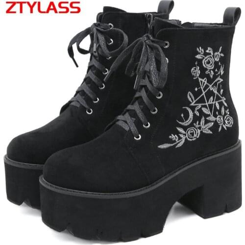 Fashion Flower Platform Boots Chunky Punk Suede Leather Ankle Boots Womens Gothic Shoes Nightclub Lace Up Zipper High Quality