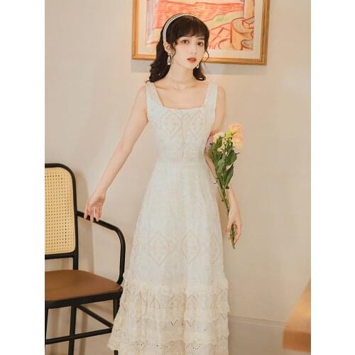 Women French Elegant Sleeveless Fairy Dress 2021 Summer Lace Hollow Tube Top Sexy Ladies High Waist Ruffled Gentle Party Vestido